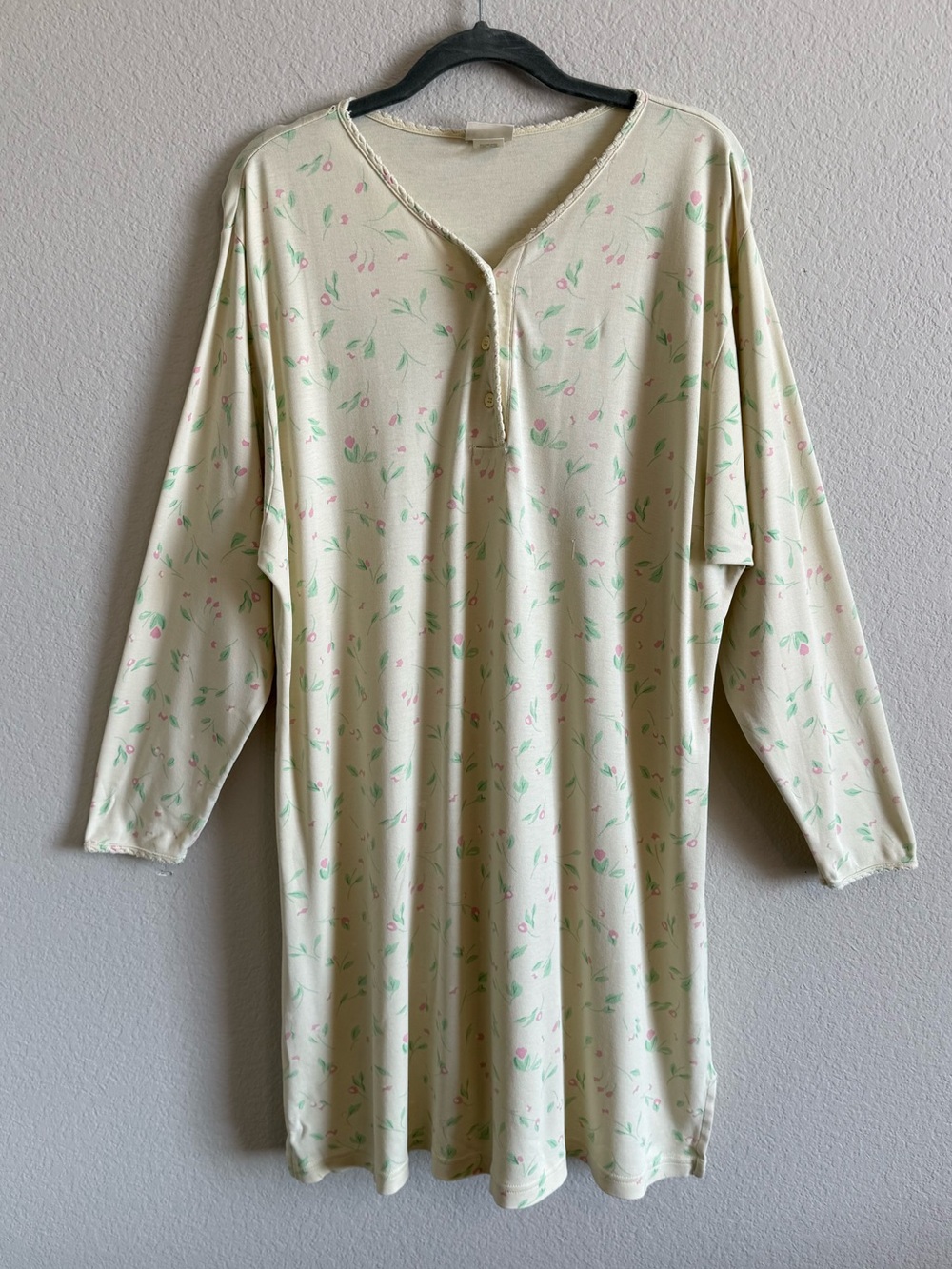 LL Bean Vintage Cotton Soft Butter Cream Nightshirt Pink and Green Floral Print